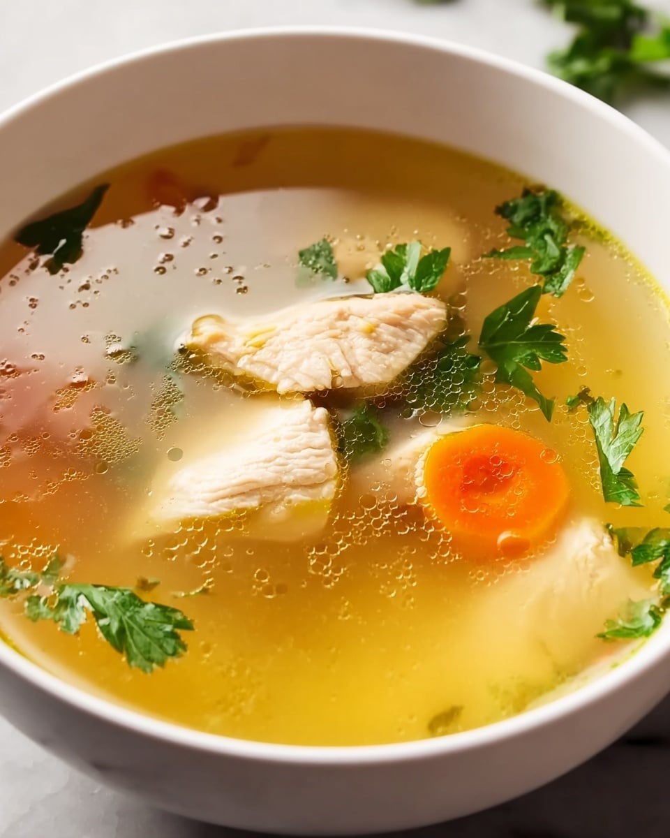 A white bowl filled with clear golden broth with small droplets of oil on the surface, containing soft cooked pieces of light beige chicken breast resting in the middle. Visible are a few bright orange carrot slices and fresh green parsley leaves scattered both in the broth and on top of the chicken, creating a fresh contrast. The broth looks warm and slightly translucent with a smooth texture, set on a white marbled texture. Photo taken with an iphone --ar 4:5 --v 7