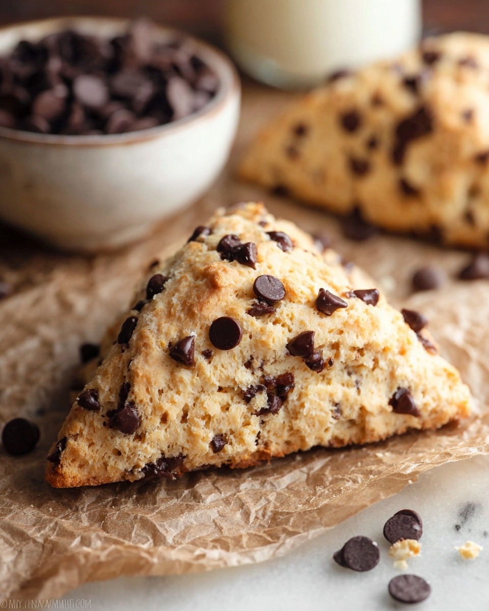 A close-up view of a triangular scone resting on light brown crumpled parchment paper, with a visible crumbly and soft texture. The scone is light golden brown, studded generously with dark brown chocolate chips scattered throughout the surface and embedded inside. In the background, a blurred piece of the same scone and a white bowl filled with round dark chocolate pieces are visible on a white marbled surface, adding depth to the scene. A few loose chocolate chips and crumbs lie around the scone on the parchment paper. photo taken with an iphone --ar 4:5 --v 7