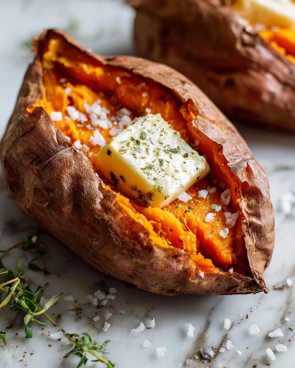 A close-up view of a baked sweet potato with a rough, brown skin that is slightly cracked open to reveal its bright orange soft inside. In the center of the split potato, there is a thick square piece of melting butter topped with coarse salt crystals and small green herb flakes. The potato rests on a white marbled surface with a few scattered salt flakes and a small sprig of green herbs nearby, showing a warm, rustic feeling. Photo taken with an iphone --ar 4:5 --v 7