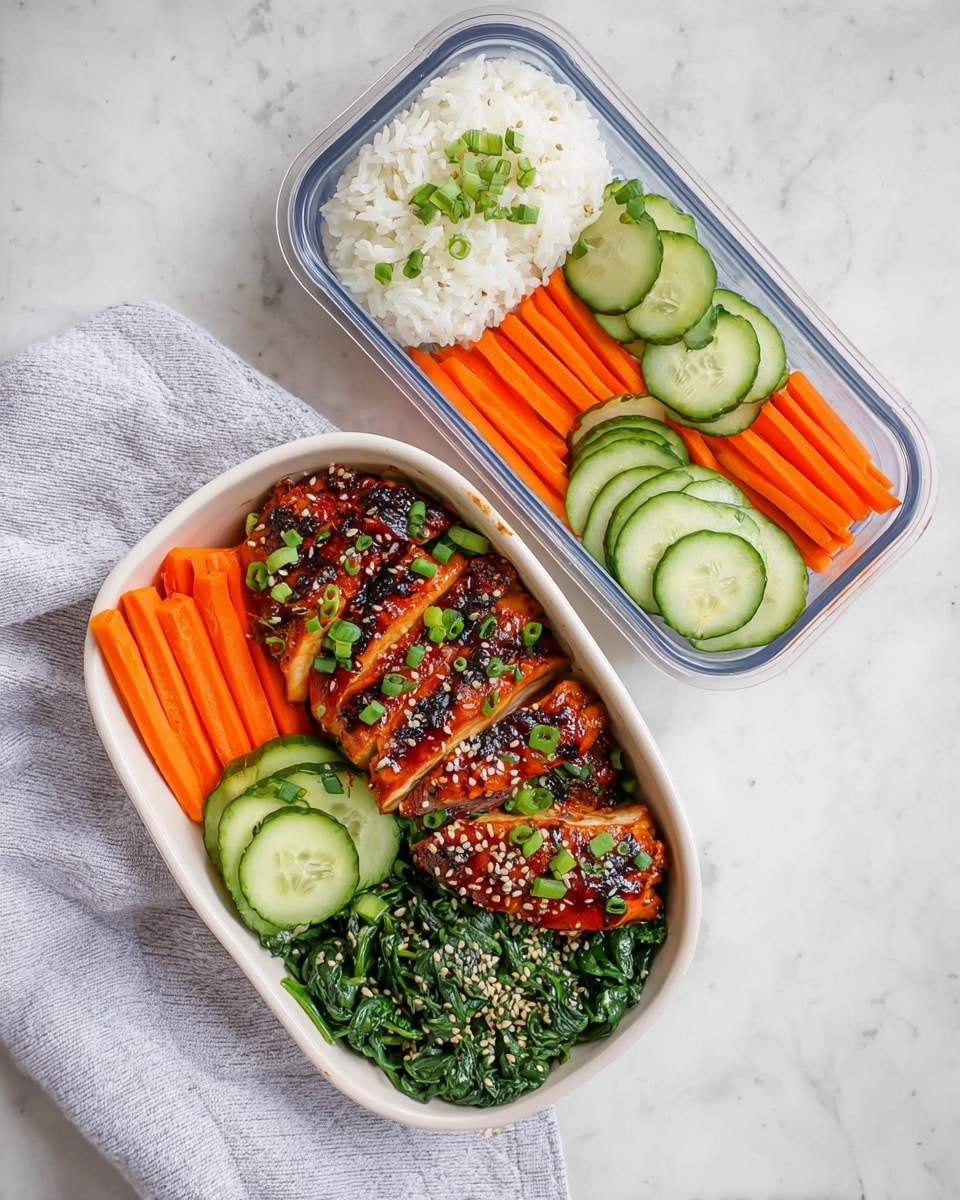A white bowl is filled with four neat sections: bright orange carrot sticks on the left, followed by light green cucumber slices below, dark green cooked spinach sprinkled with sesame seeds at the bottom, and two charred, reddish-brown grilled chicken pieces topped with green onion rings and sesame seeds on the right. Above the chicken, there is a mound of white rice with some green onion dots. Next to the bowl is a clear rectangular container with the same food divided in the same four sections arranged in straight rows, on a white marbled surface with a light gray cloth nearby. Photo taken with an iphone --ar 4:5 --v 7