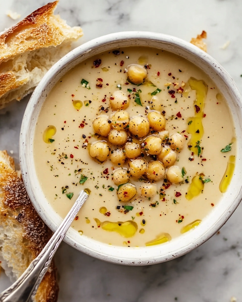A white bowl filled with creamy, light beige soup topped with a handful of whole chickpeas placed unevenly on the surface. The soup is garnished with drops of golden olive oil, cracked black pepper, red chili flakes, and green herb bits scattered around. A silver spoon is partially dipped into the soup, resting on the left side of the bowl. The bowl is placed on a white marbled surface next to two broken pieces of crusty bread with a golden-brown crust. photo taken with an iphone --ar 4:5 --v 7