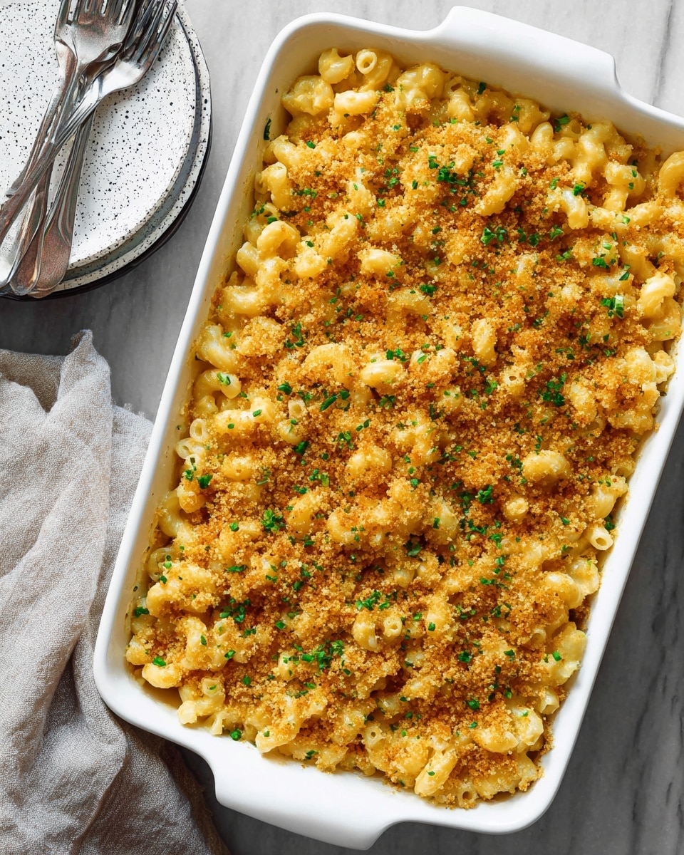 A white rectangular baking dish filled with baked macaroni and cheese, showing a top layer of golden brown toasted breadcrumbs and small green chopped herbs scattered evenly. The macaroni beneath is covered with creamy, light yellow cheese sauce, with the pasta tubes clearly visible through the crispy topping. The dish is placed on a white marbled surface next to a folded light gray cloth and a stacked set of two white plates with black speckles, each holding a silver fork. Photo taken with an iphone --ar 4:5 --v 7