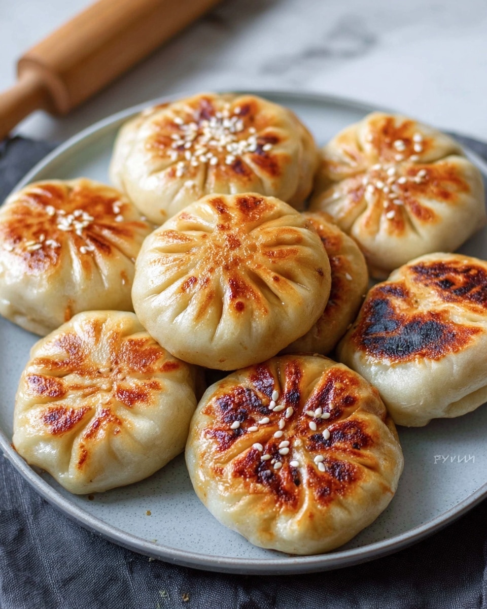 A close-up of a white plate showing a pile of golden brown vegan pan-fried buns with a shiny, slightly oily surface. The buns have different shapes: some are round and smooth with a crispy browned bottom, while others have a pleated top with a darker toasted pattern. The texture looks soft but firm with small white sesame seeds scattered on some. Below, four smaller images show the making process on a white marbled surface: a woman's hand holding a smooth, round dough flattened into a thin circle; the dough with a filling of cooked, light yellow cabbage; the dough folded and pleated into a bun shape; and buns frying in a black pan with a spatula lifting one, showing uncooked white dough sides. Photo taken with an iphone --ar 4:5 --v 7
