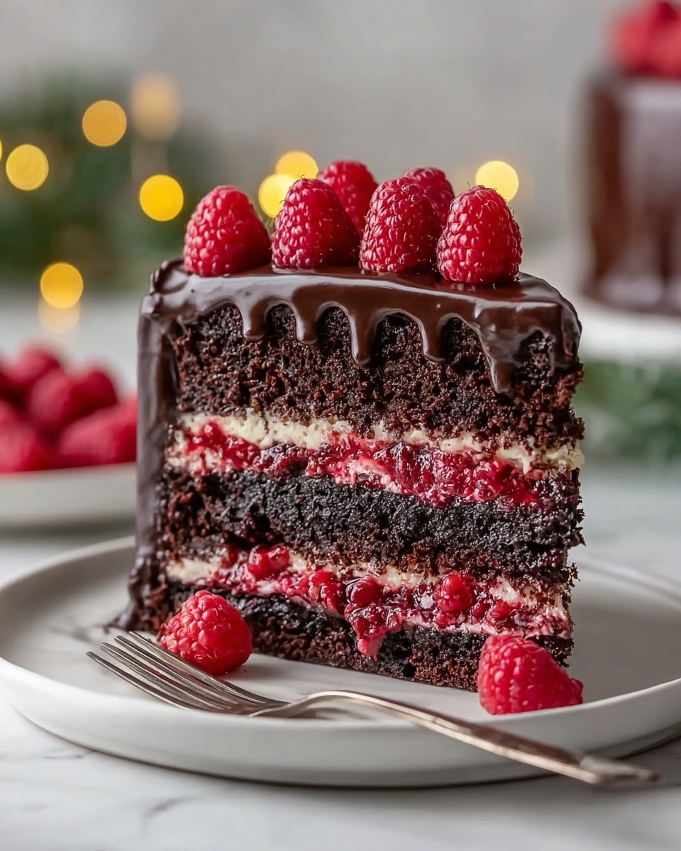 A slice of three-layer chocolate cake on a white plate with a silver fork beside it, placed on a white marbled surface. The bottom layer is dark chocolate cake with a rough texture, topped with a thick layer of bright red raspberry filling mixed with small chunks of fruit. The middle layer repeats the same chocolate cake and raspberry filling combination. The top layer is chocolate cake covered by smooth, glossy dark chocolate ganache that drips slightly over the edges. Fresh red raspberries are neatly arranged on top of the ganache, adding bright color and texture, with two additional raspberries resting on the plate. The background is softly blurred with warm yellow bokeh lights. Photo taken with an iphone --ar 4:5 --v 7
