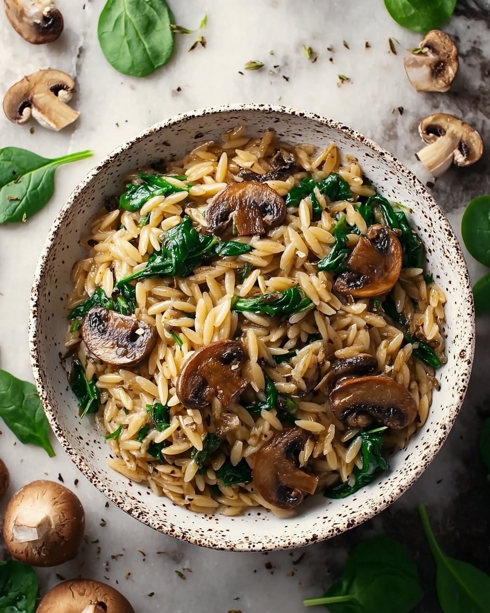 A bowl filled with a dish of cooked orzo pasta mixed with sautéed brown mushrooms and bright green spinach leaves. The orzo grains are light beige, scattered evenly throughout the bowl, while the mushroom slices have a glossy, slightly darker brown color with a cooked, tender texture. The spinach adds a fresh green contrast, slightly wilted from cooking. The bowl is white with a speckled, rustic pattern around its edges, placed on a white marbled surface. Around the bowl, loose mushrooms and fresh spinach leaves create a natural, inviting setting. photo taken with an iphone --ar 4:5 --v 7