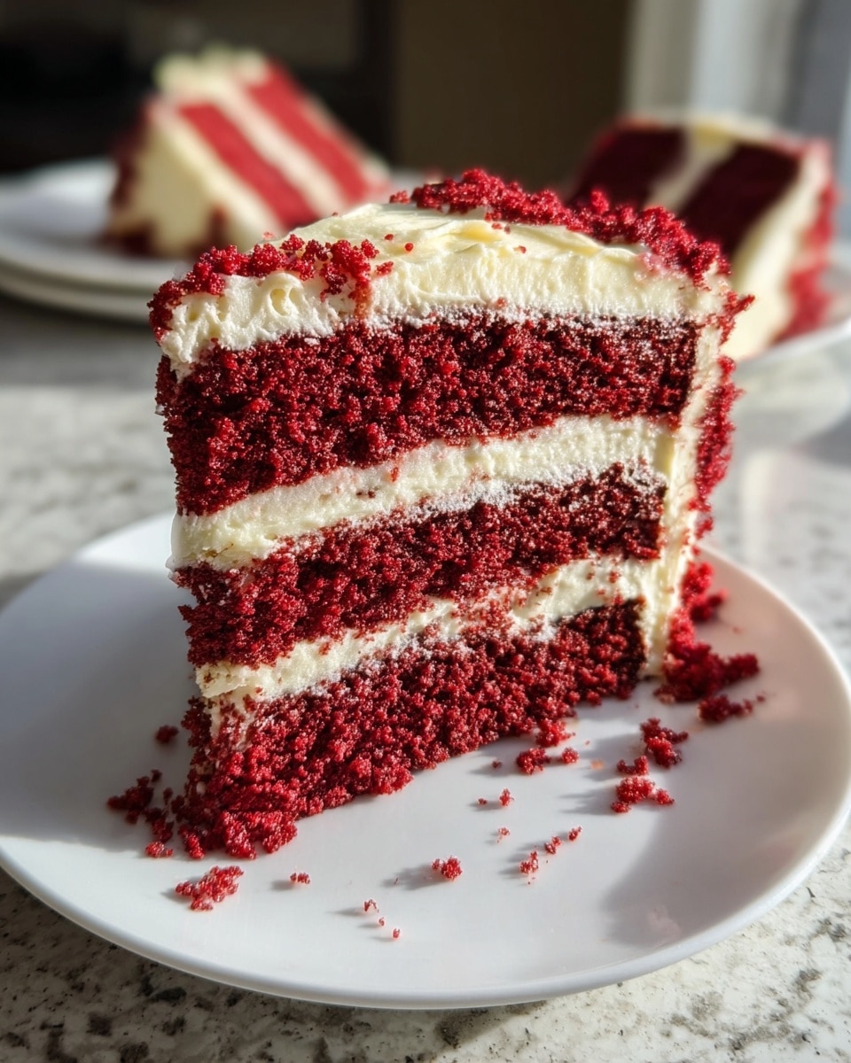 A close-up of a slice of red velvet cake on a white plate, showing three thick layers of deep red sponge cake separated by two layers of smooth white cream cheese frosting. The outside of the slice is coated with cream cheese frosting, with some red crumbs sticking to the sides, and the top has a slightly textured creamy layer. The plate sits on a white marbled textured surface, with warm natural light highlighting the moist texture of the cake. In the background, slightly out of focus, there is another slice of cake on a white plate. Photo taken with an iphone --ar 4:5 --v 7