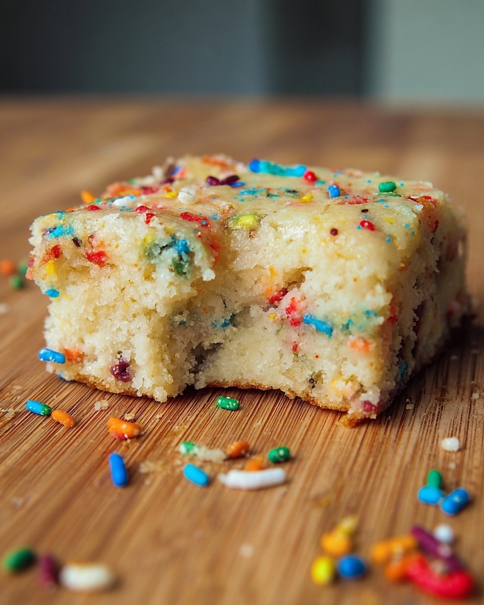 The image shows a close-up of a single square piece of thick, light beige cake with a soft and slightly crumbly texture on a wooden surface. The cake has colorful sprinkles mixed into the batter and scattered on top, adding bursts of red, blue, green, yellow, orange, and white colors. A small bite has been taken out of one side, revealing the soft inside with specks of sprinkles visible through the cake. Additional sprinkles are scattered around the piece on the wooden surface, which is smooth and warm brown. The background is blurred, emphasizing the cake. photo taken with an iphone --ar 4:5 --v 7