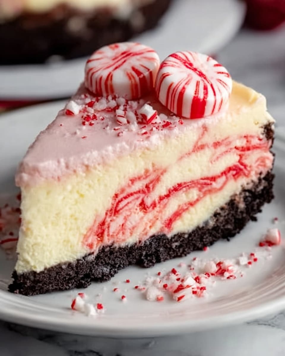 A round cheesecake with three visible layers sits on a white plate with a dark edge, placed on a white marbled surface. The bottom layer is thick, crumbly, and dark brown, resembling a chocolate cookie crust. Above it is a smooth, creamy off-white middle layer that looks soft and rich. The top layer is a slightly thinner pale pink gelatin-like layer speckled with tiny red dots. On top of the cheesecake are several small, twisted candy canes with white and bright red stripes, arranged in a small pile near the center. A wedge-shaped slice is removed, showing the clean separation of layers and some crumbs scattered around the cut edge. Photo taken with an iphone --ar 4:5 --v 7