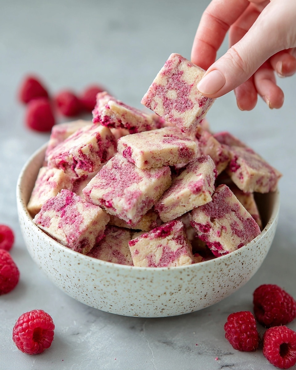 A white textured bowl is filled to the top with many small square cookies that are pink and white marbled, showing a rough, crumbly texture. The cookies inside the bowl have a mix of light pink and white swirls. Around the bowl, a few whole fresh raspberries are placed on a white marbled surface. A woman's hand is holding one cookie above the bowl, showing its thick, soft inside with the same pink and white marbled pattern. photo taken with an iphone --ar 4:5 --v 7