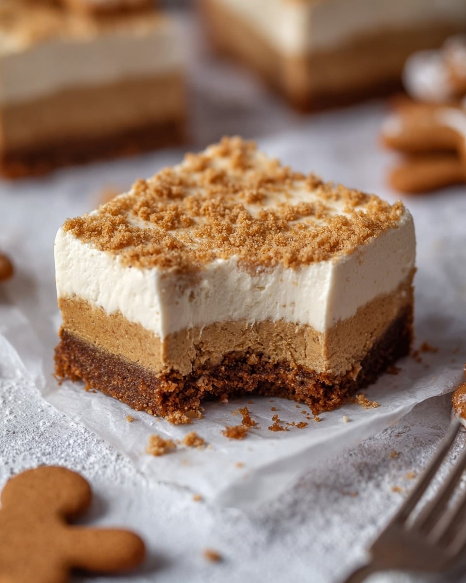 The image shows a square dessert with three layers on white parchment paper over a white marbled textured surface. The bottom layer is a dark brown crumbly crust, rough in texture. The middle layer is thick and dense, light brown in color with a slightly spongy texture. The top layer is a thin, smooth layer of white cream, covered with a crumbly, light brown topping. The dessert has one corner bitten off, revealing the layers clearly. Surrounding the dessert are some gingerbread cookies shaped like a hand and a fork visible in the bottom right corner. Photo taken with an iphone --ar 4:5 --v 7