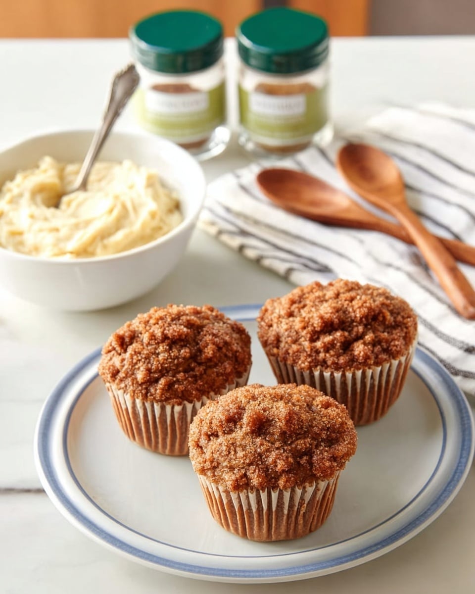 Three brown crumbly muffins with textured tops sit close together on a white plate with a blue rim placed on a white marbled surface. Behind the plate, there are three small glass spice jars with green lids filled with light-colored powders. To the left, a white bowl contains a creamy pale yellow spread with a silver spoon resting inside. Next to the bowl, two wooden spoons lie on a white cloth with black stripes. The overall scene is softly lit, showing a cozy and simple kitchen vibe. photo taken with an iphone --ar 4:5 --v 7