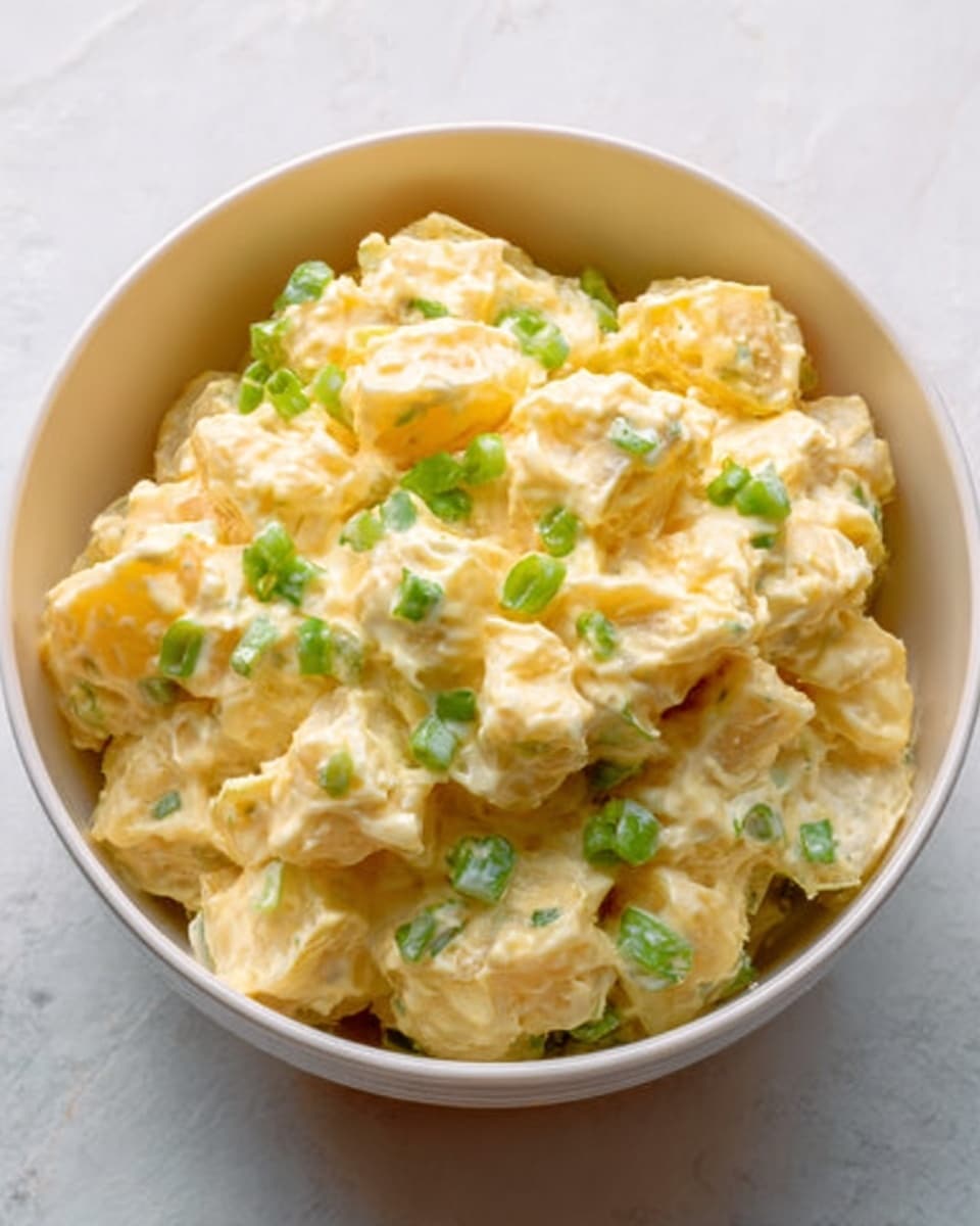 The image shows a white bowl filled with a creamy potato salad. The salad has roughly five layers of small potato chunks coated in a smooth, pale yellow dressing with a slightly glossy texture. There are tiny green onion pieces sprinkled throughout the salad, adding a touch of green color. The bowl is placed on a white marbled surface. photo taken with an iphone --ar 4:5 --v 7