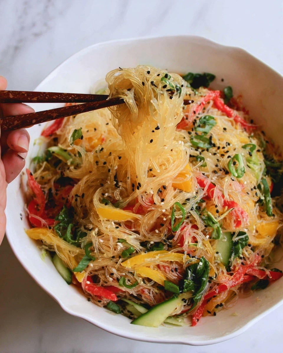 The image shows a white bowl filled with a colorful noodle salad. The base layer is shiny, pale yellow glass noodles lifted by a pair of brown chopsticks. Mixed within the noodles are bright red and yellow bell pepper strips, green scallions, cucumber slices, and leafy greens. The whole dish is sprinkled with small black sesame seeds, adding texture and contrast. A woman's hand is holding the chopsticks from the right side. The bowl sits on a white marbled surface. photo taken with an iphone --ar 4:5 --v 7