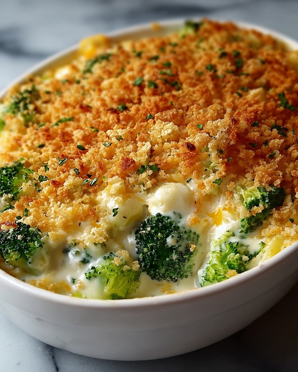 A creamy broccoli casserole in a white bowl with a crispy golden brown crumb topping. The bottom layer shows bright green broccoli florets covered in a thick, smooth white cheese sauce mixed with bits of pasta or rice. The top layer is a crunchy, toasted breadcrumb crust with small specks of green herbs sprinkled evenly across. The casserole is slightly bubbling, showing a mix of soft texture underneath and crispy topping, placed on a white marbled surface. photo taken with an iphone --ar 4:5 --v 7
