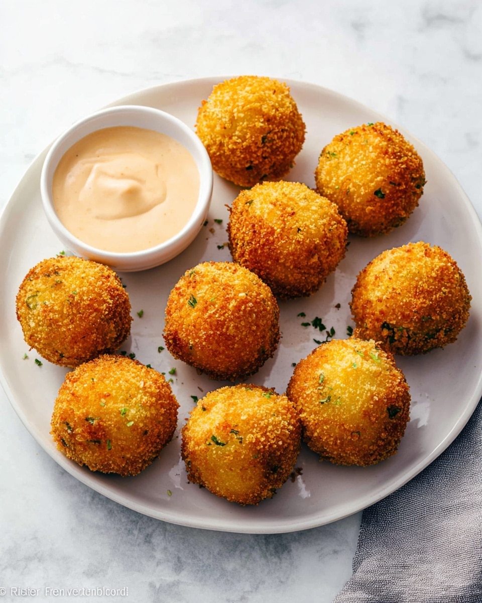 A white plate holds eleven evenly spaced, round, golden-brown fried balls with a crispy texture, each ball showing hints of green herbs inside the crunchy coating. To the upper left, a small white bowl contains a light creamy sauce with a smooth texture and a pale orange color. The surface beneath is a white marbled texture, with a soft gray cloth partially visible on the lower right side. The lighting highlights the warm colors of the fried balls and the smoothness of the sauce. photo taken with an iphone --ar 4:5 --v 7
