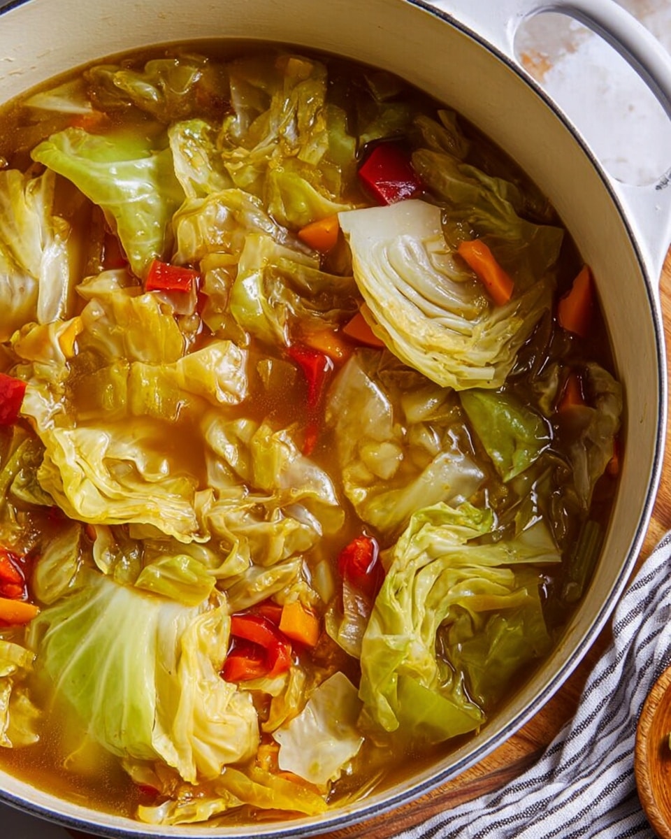 A close-up of a white pot filled with cooked cabbage soup, showing large pieces of soft, light green cabbage with tender, translucent edges floating in a clear brownish broth. Mixed in are chunks of red and orange bell peppers and light green celery, all simmered together, creating a colorful, textured mix of vegetables in the soup. The pot sits on a wooden board next to a striped cloth, all placed on a white marbled surface. Photo taken with an iphone --ar 4:5 --v 7