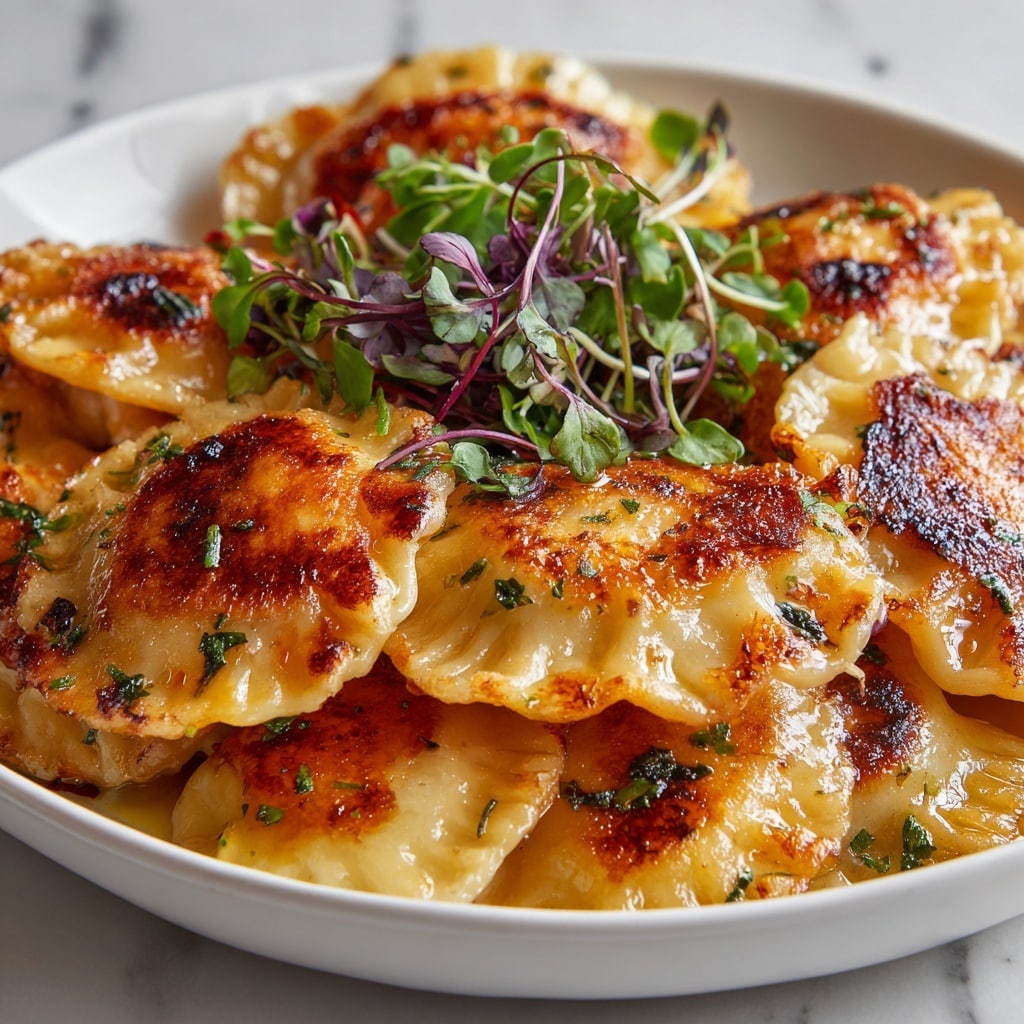 A close-up view of a white plate filled with golden-brown pierogis, each showing a crispy, browned outer layer with slight charring and bubbling, revealing a soft, creamy inside with hints of orange sweet potato. The pierogis are piled in two layers; the bottom layer is mostly hidden but slightly visible beneath the top layer. Light green herbs are sprinkled on top, adding a fresh touch, and a small bunch of mixed microgreens with delicate stems and leaves sits in the center, giving a pop of vibrant green and purple color. A drizzle of olive oil or butter glaze coats and shines over the pierogis, enhancing the rich texture, resting on a white marbled surface. photo taken with an iphone --ar 4:5 --v 7