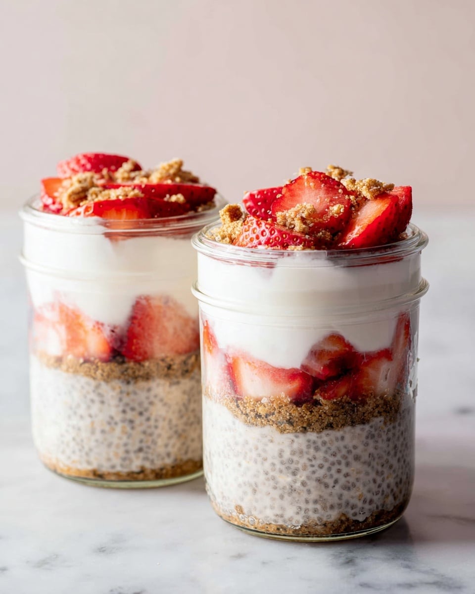 Two clear glass jars sit side by side on a white marbled surface. Each jar has three visible layers: the bottom layer is a light brown crumbly base, the middle layer is a mix of oats and small dark chia seeds in a creamy texture, and the top layer is a thick white yogurt or cream. On top, bright red sliced strawberries are scattered with small pieces of light brown crumble. The jars are filled to the brim, showing neat, even layers. The photo taken with an iphone --ar 4:5 --v 7