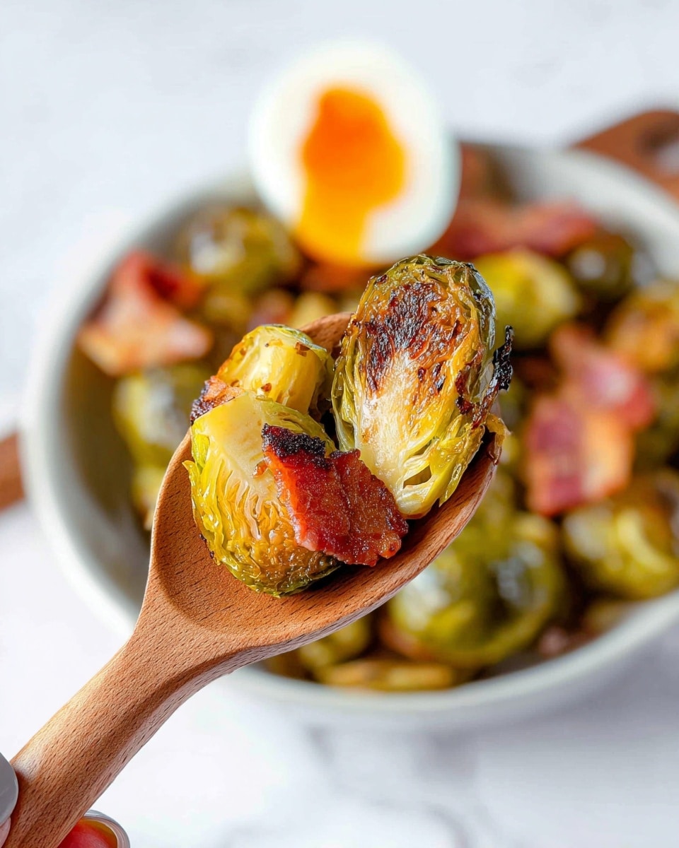 The image shows two roasted Brussels sprouts cut in half, held on a wooden spoon by a woman's hand. The Brussels sprouts have a golden-brown, crispy outer layer with some charred spots and a tender, slightly green interior. Alongside the Brussels sprouts, a small piece of browned bacon is visible on the spoon. In the background, a white bowl sits on a white marbled surface, filled with more roasted Brussels sprouts, chunks of bacon, and a perfectly cooked soft-boiled egg with a bright orange yolk. The focus is on the spoon and Brussels sprouts, with the bowl softly blurred behind. photo taken with an iphone --ar 4:5 --v 7