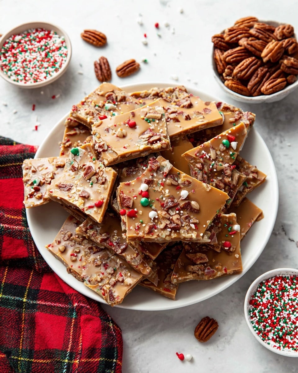 A white plate filled with unevenly cut squares of milk chocolate bark stacked loosely, each piece showing three layers: a light tan toffee base, a smooth milk chocolate middle layer, and a topping of crushed pecans in various shades of brown and red, along with red, green, and white round and rod-shaped sprinkles scattered unevenly on top. Around the plate, some whole pecans and more scattered sprinkles lay on a white marbled surface. To the right, there is a small white bowl filled with whole pecans, and below it another bowl filled with red, white, and green sprinkles. A folded red, black, and yellow plaid cloth sits at the bottom left corner of the image. photo taken with an iphone --ar 4:5 --v 7