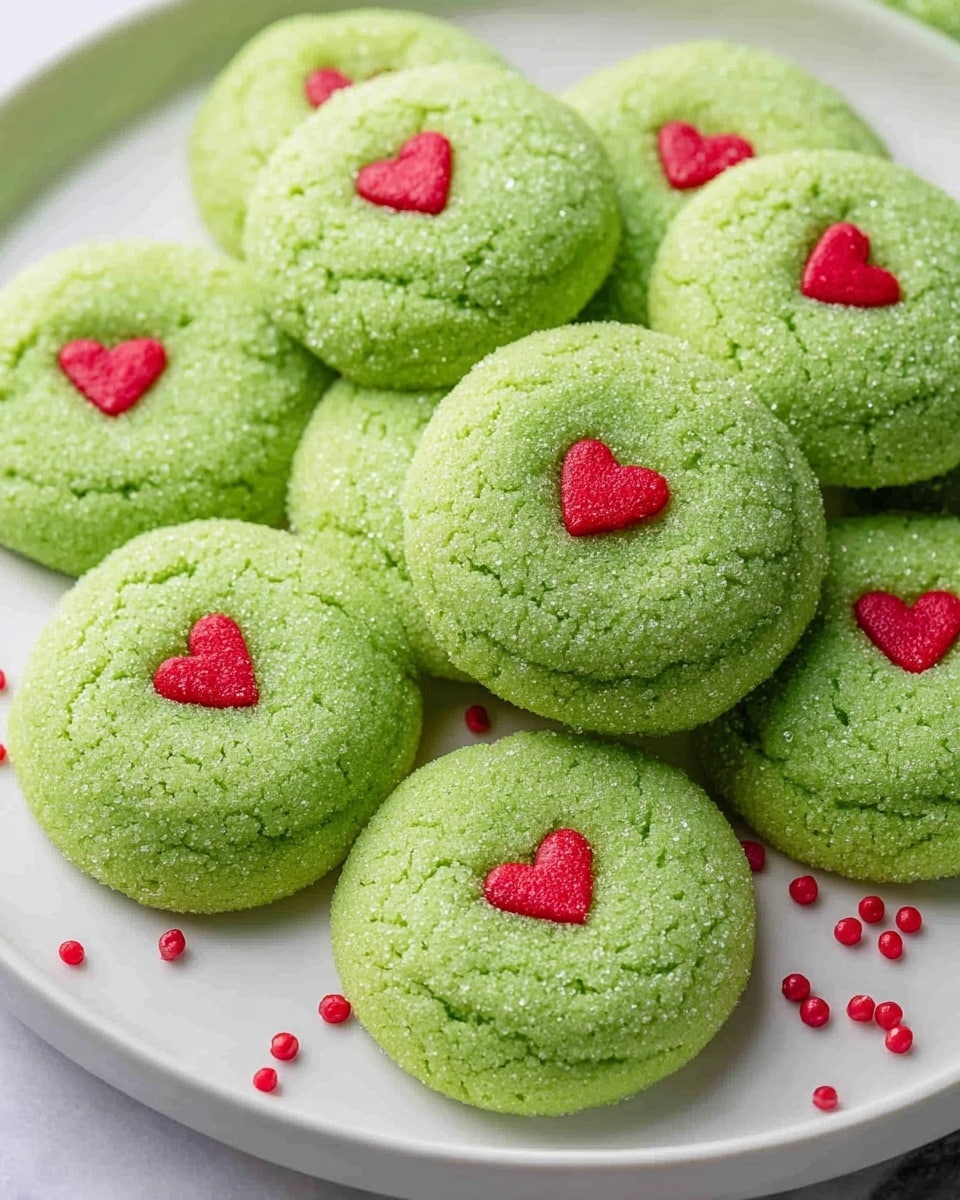 A group of round green cookies with a soft texture and light sugar coating is arranged close together on a white plate. Each cookie has a small red heart-shaped decoration placed in the center, adding a bright contrast to the green. The plate is set on a white marbled surface, with a few extra red heart sprinkles scattered around the cookies. The overall look is fresh and playful, with the green and red colors standing out clearly against the white background. photo taken with an iphone --ar 4:5 --v 7