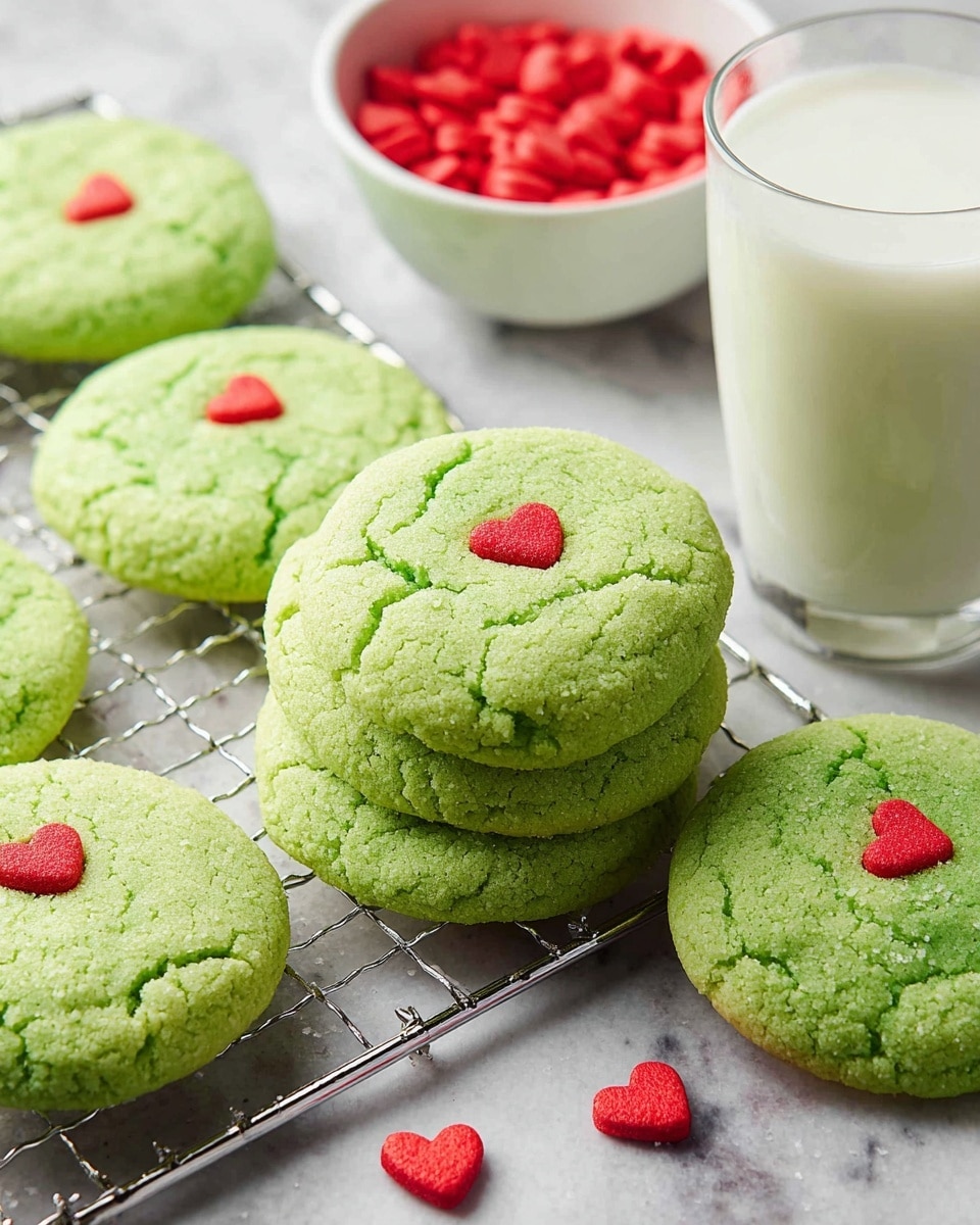 Several bright green cookies are placed on a metal cooling rack and a white marbled surface. Each cookie is round with a soft, cracked texture pale green in color and has a small red heart decoration pressed into the top. Some loose red hearts are scattered around the cookies. A glass of milk full to the top is placed on the right side, and a white bowl filled with more small red heart shapes is visible on the left edge of the image. photo taken with an iphone --ar 4:5 --v 7