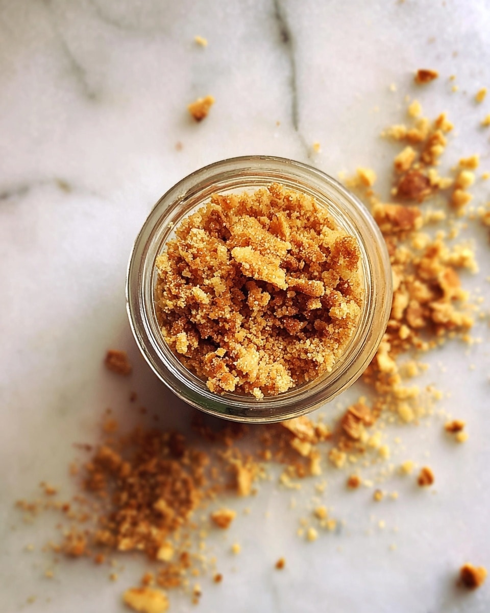 A small glass jar filled to the top with a crumbly, golden-brown topping that looks crunchy, with some coarse pieces scattered around the jar on a white marbled surface, giving a textured and slightly rough appearance to the crumbs. photo taken with an iphone --ar 4:5 --v 7