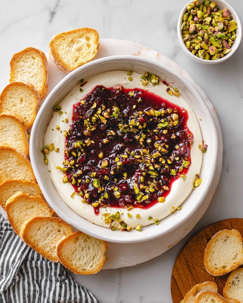 A close-up image shows a woman's hand holding a small piece of light beige bread with some creamy white spread mixed with bright red berry sauce and bits of green pistachio on it. The bread is being dipped into a white bowl containing three visible layers: a thick white creamy base at the bottom, a middle layer of dark red berry sauce with whole berries and seeds giving it a chunky texture, and sprinkled chopped pistachios on top adding green and yellow contrast. The bowl sits on a white marbled surface with a striped cloth partly visible nearby. Photo taken with an iphone --ar 4:5 --v 7
