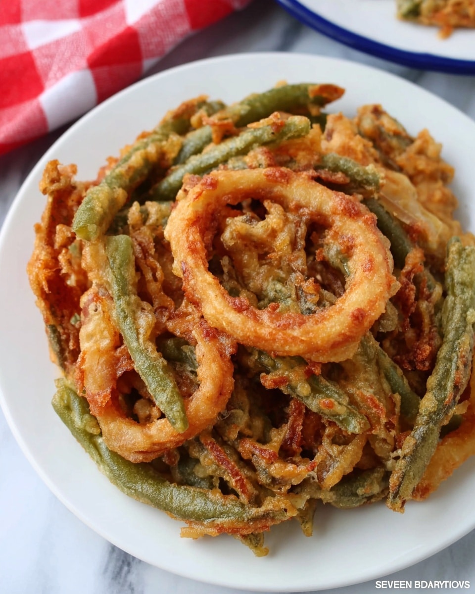 The dish on a white plate consists of a single layered fried mixture of green beans and round onion rings, all coated in a golden-brown crispy batter. The green beans are long, slender, and have a soft green color, scattered irregularly over and mixed into the fried batter. The onion rings are wide, light golden with a hint of orange from frying, and are spread evenly on top and slightly sunk into the batter base. The texture looks crunchy on the outside with some softer baked parts underneath. The plate is resting on a white marbled surface with a corner of a red and white checkered cloth visible nearby. Photo taken with an iphone --ar 4:5 --v 7
