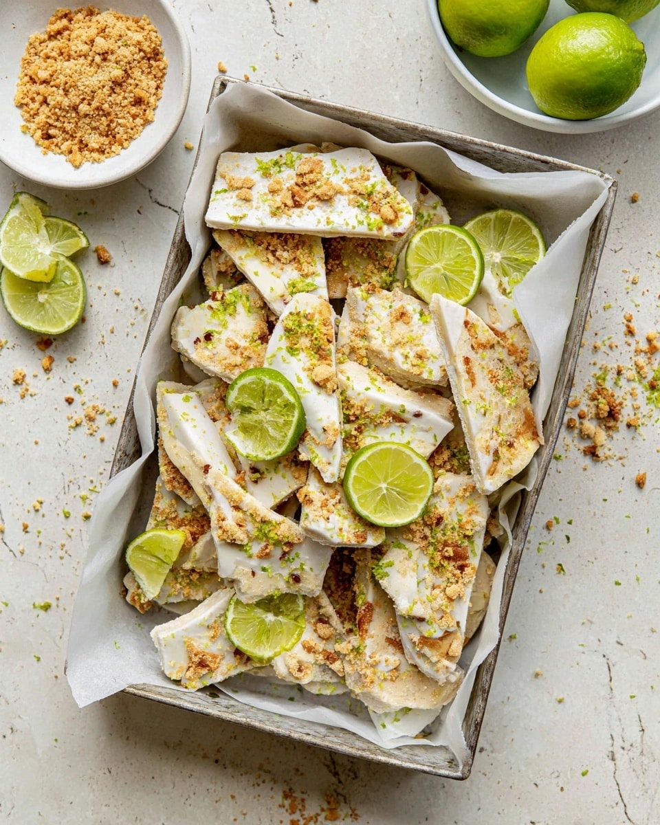 The image shows a metal tray lined with white parchment paper filled with irregularly shaped white bark pieces that have a rough texture with golden brown toasted bits and green lime zest scattered on top. Bright green lime slices are placed on and around the bark pieces. The tray is set on a white marbled surface with small crumb pieces around it. There are also some white bowls partly visible containing crushed golden brown bits and whole bright green limes. Photo taken with an iphone --ar 4:5 --v 7