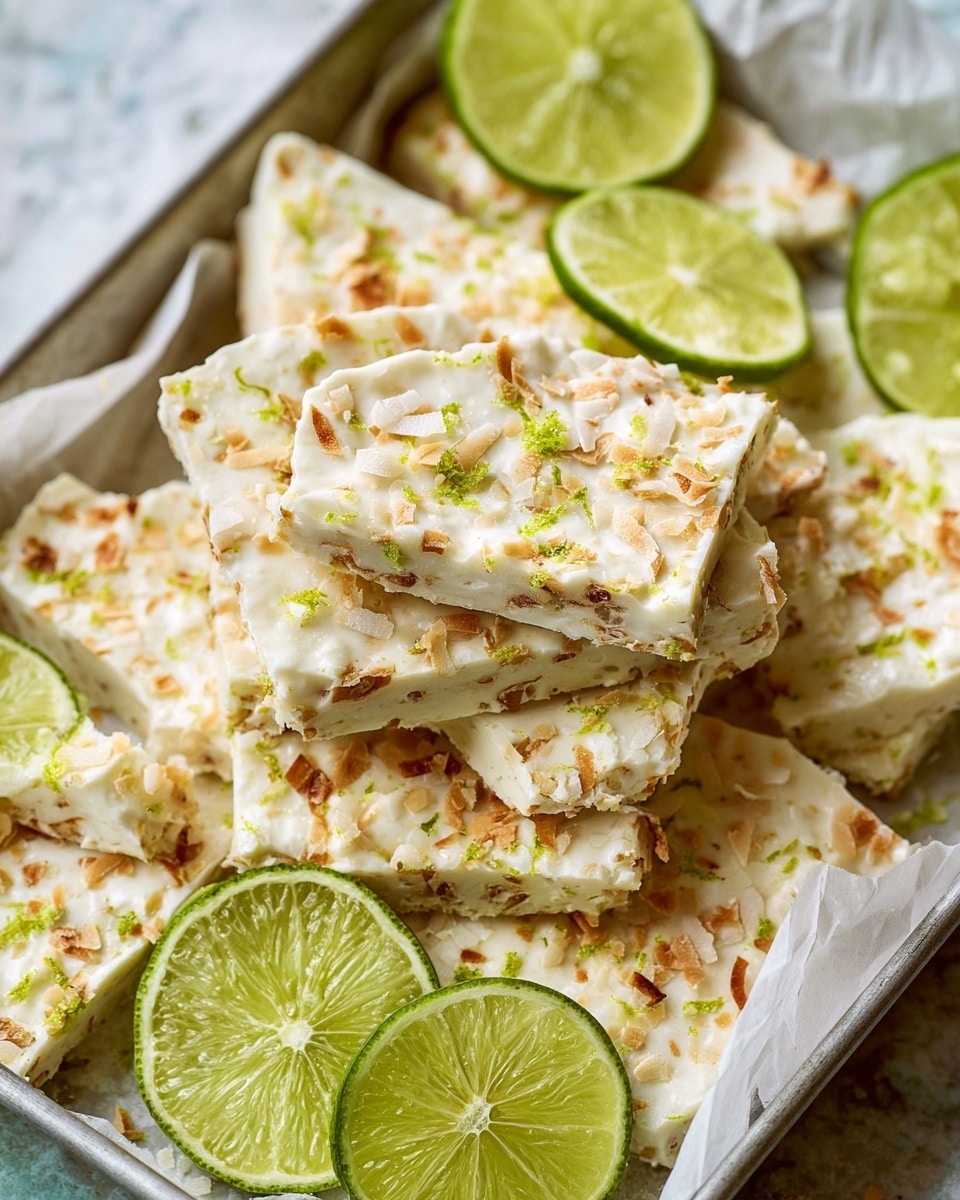 The image shows several pieces of a creamy white bark-like dessert with small toasted brown coconut flakes and light green lime zest scattered throughout. The bark pieces are uneven squares and rectangles stacked loosely in a white parchment-lined metal tray. Bright green lime slices with visible juicy segments are placed on top and around the bark, adding freshness and color contrast. The background has a soft focus with a white marbled texture. photo taken with an iphone --ar 4:5 --v 7