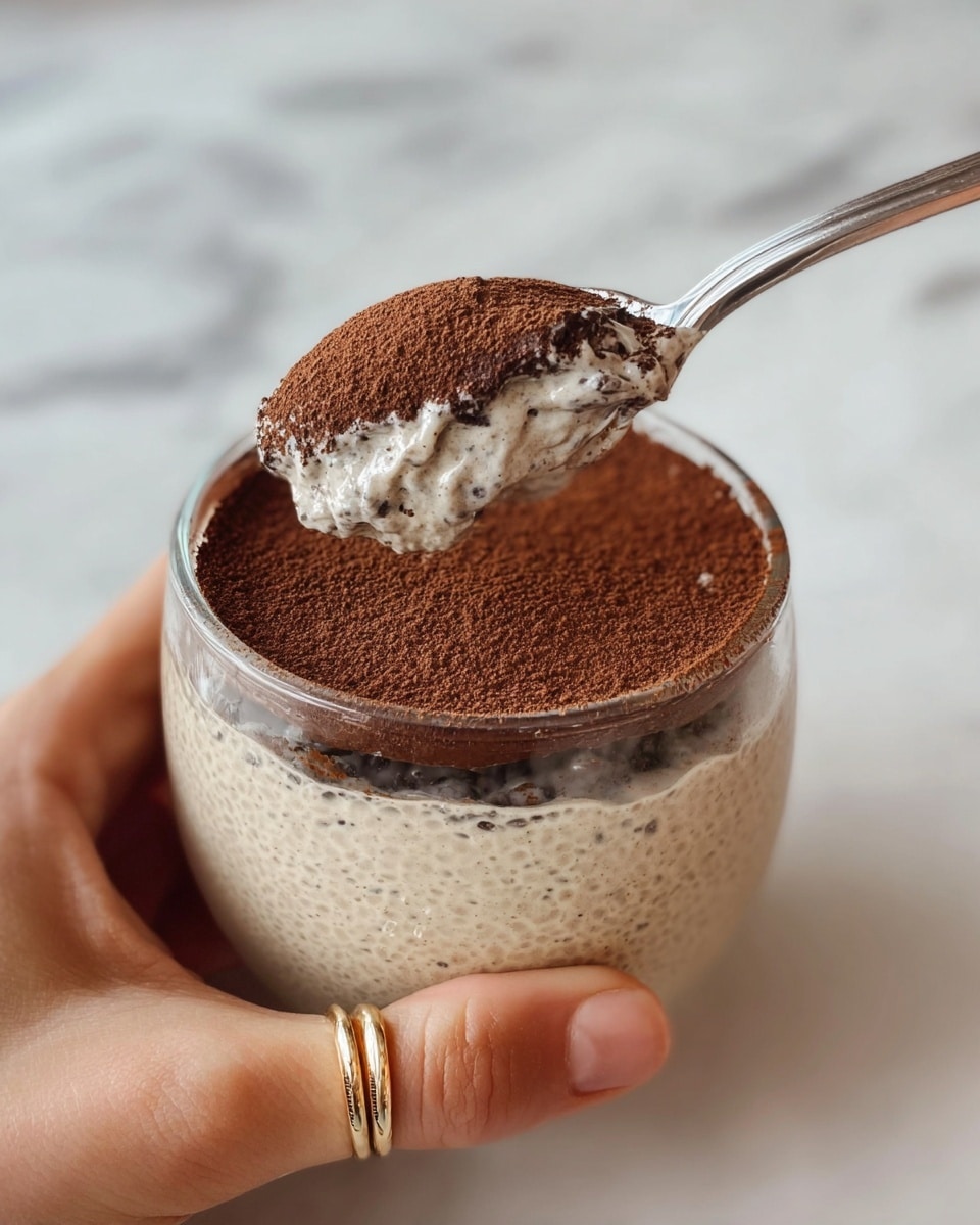A glass cup filled with two layers shows a dessert placed on a white marbled surface. The bottom layer is creamy white with tiny black chia seeds spread evenly, giving it a textured look. The top layer is a thin, smooth coat of dark brown cocoa powder covering the entire surface inside the glass cup. photo taken with an iphone --ar 4:5 --v 7