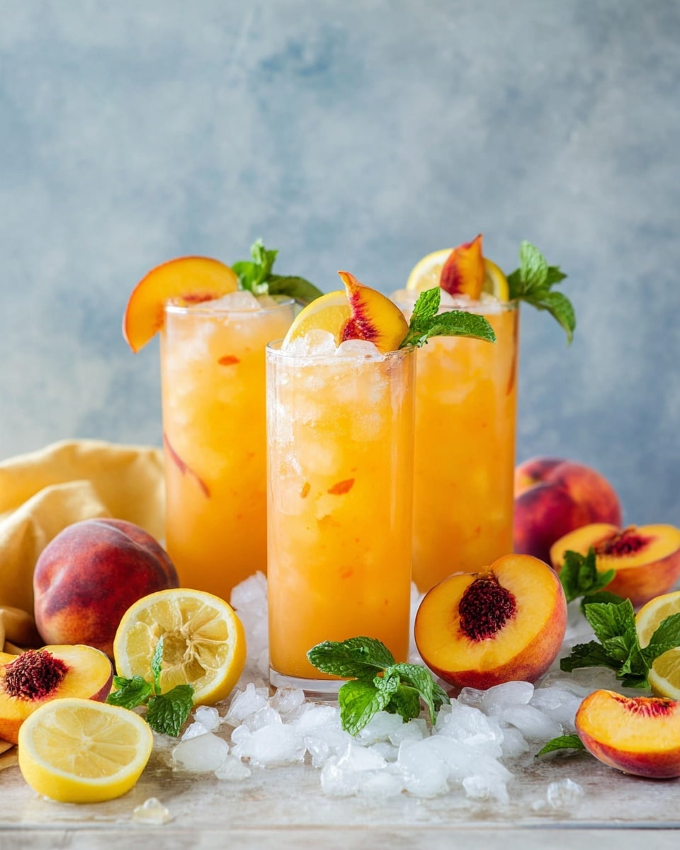 Three tall clear glasses filled with light orange peach lemonade with visible small peach bits and ice cubes on top, each glass garnished on the rim with a thin yellow lemon slice, a deep orange peach wedge with a reddish edge, and a small sprig of fresh green mint leaves. The glasses are placed on a white marbled surface scattered with crushed ice pieces. Around them are fresh peaches—some halved showing dark brown pits inside, some whole—and lemon halves, slices, and whole lemons, with a few fresh mint sprigs adding green contrast. A soft yellow cloth is partially visible on the left side. The background is a smooth light gray-blue wood texture. Photo taken with an iphone --ar 4:5 --v 7