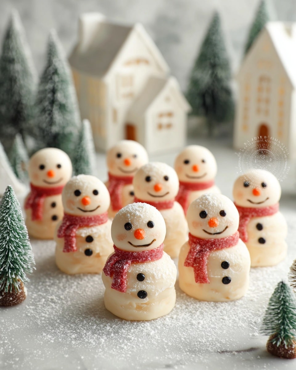 The image shows a group of small snowman-shaped sweets arranged on a white marbled surface dusted with powdered sugar that looks like snow. Each snowman has two creamy white round layers stacked for the body and head. They have small black dot eyes and buttons, with a small curved black mouth. An orange carrot-shaped nose sticks out on each face. Around their necks is a red sugar candy strip made to look like a scarf, wrapped snugly. In the background, there are white decorative houses and green frosted small pine trees, adding a cozy winter scene. Photo taken with an iphone --ar 4:5 --v 7