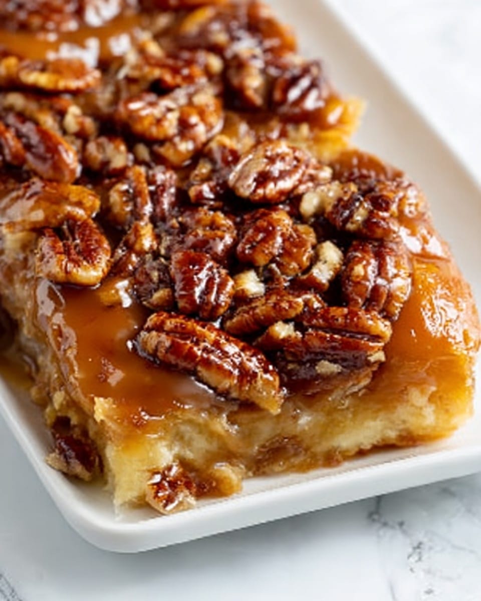A close-up image of a square white plate filled with a gooey dessert that has a rich, shiny caramel glaze covering the top. The dessert has multiple layers visible: a golden-brown pastry base underneath, a thick caramel layer in the middle, and toasted pecans generously scattered all over the caramel layer, creating a crunchy texture with their dark brown color. The dessert fills the plate, with the nuts clustered together but spread evenly, and the glossy caramel catching the light. The plate is set on a white marbled surface. Photo taken with an iphone --ar 4:5 --v 7