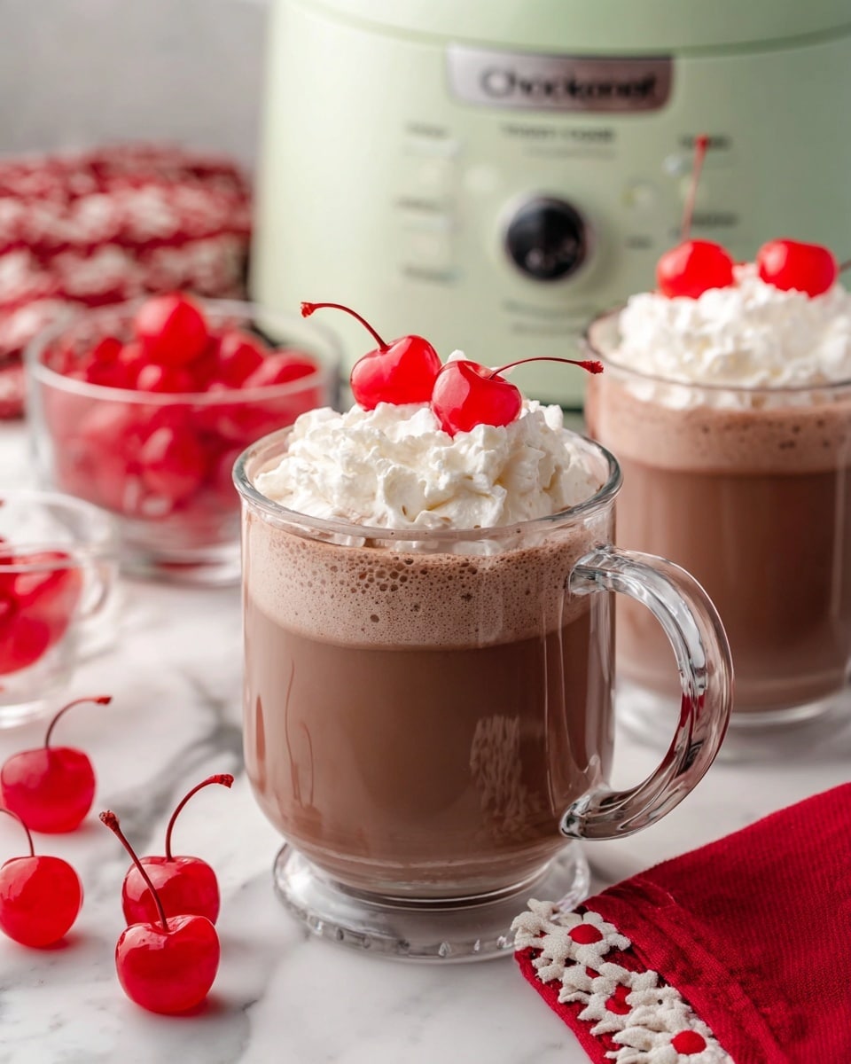 The image shows a clear glass mug filled with three layers: a smooth light brown hot chocolate base at the bottom, a layer of frothy chocolate foam in the middle, and a top layer of white whipped cream swirled in soft peaks. On the very top, two bright red cherries with stems rest on the whipped cream. In the background, there is another glass mug with similar layers and cherries on top, a small clear bowl filled with more red cherries, a soft green crockpot, and a red cloth with a white stitched pattern, all placed on a white marbled surface. photo taken with an iphone --ar 4:5 --v 7