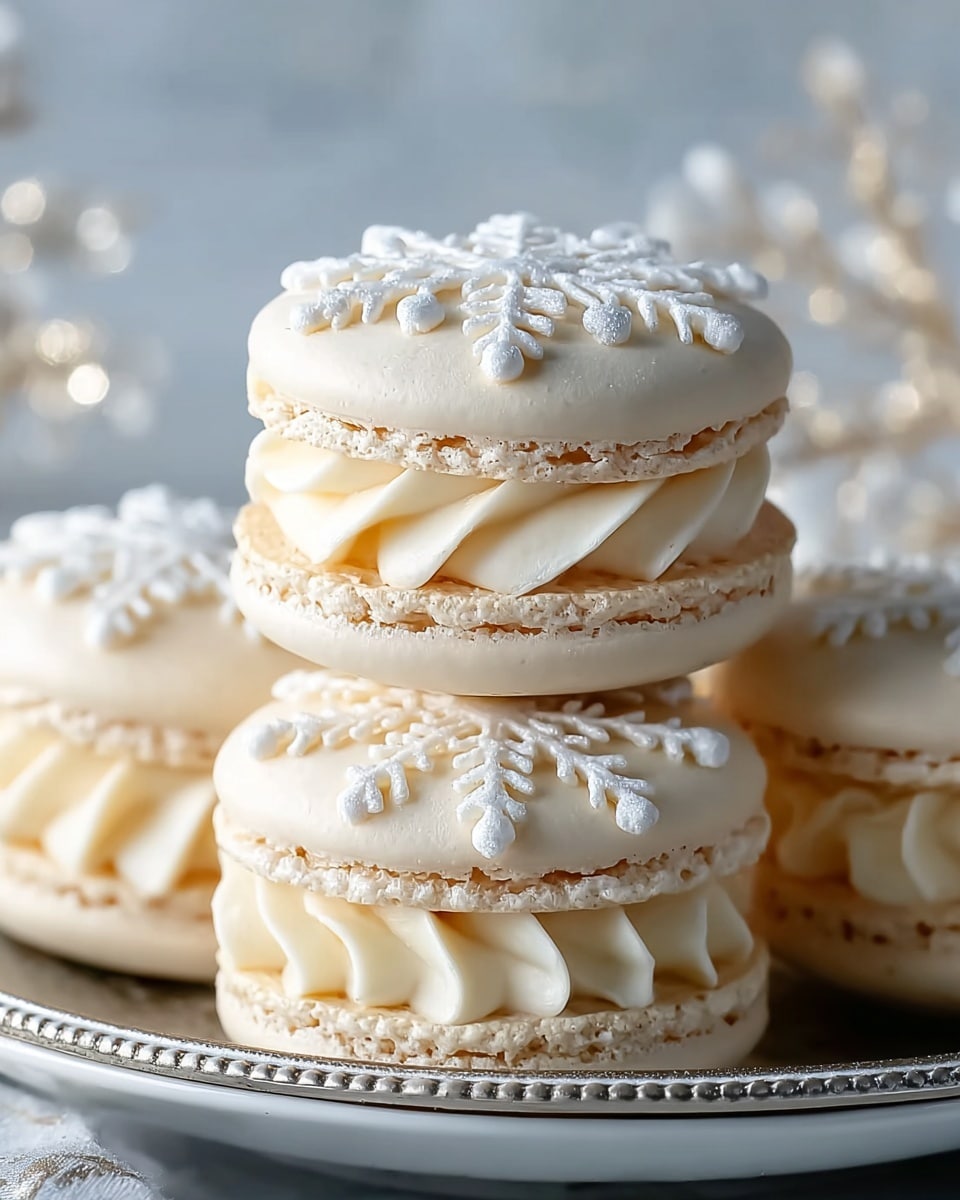 The image shows a close-up of four light cream-colored macarons stacked on a silver plate. Each macaron has two smooth, round shells with a delicate, slightly rough edge, sandwiching a thick, swirled layer of creamy white filling. On the top shell of each macaron, there is a detailed white snowflake decoration made of icing, giving a festive look. The background is soft and blurry with a white marbled texture underneath, enhancing the focus on the macarons. photo taken with an iphone --ar 4:5 --v 7