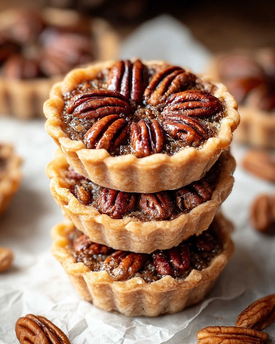 A stack of four mini pecan pies sits on a crumpled white parchment paper atop a white marbled surface. Each pie has a golden-brown, crimped crust that forms a shallow cup holding a rich, dark brown filling studded generously with glossy, whole pecan halves arranged evenly on the surface. Around the pies, several whole pecans are scattered, adding a warm, nutty touch to the scene. The focus is sharp on the top pie, showing its glossy texture and flaky crust, while the background softly blurs more pecan pies and nuts. photo taken with an iphone --ar 4:5 --v 7