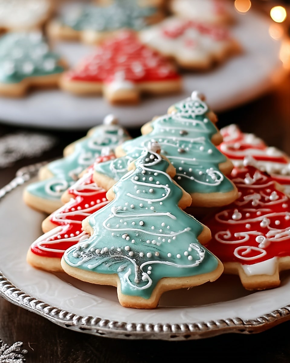 The image shows a close-up of several Christmas tree shaped cookies stacked on a round white plate with a decorative edge. The top cookie has a smooth light blue-green icing layer decorated with intricate white lines and dots forming star and branch patterns. Beneath it, another cookie with red and white icing is partially visible, showcasing swirled and dot designs. In the blurred background, more cookies with similar red and blue-green icing and white decorations are spread out on a white marbled surface. The overall look is festive and detailed with a warm, soft light. photo taken with an iphone --ar 4:5 --v 7