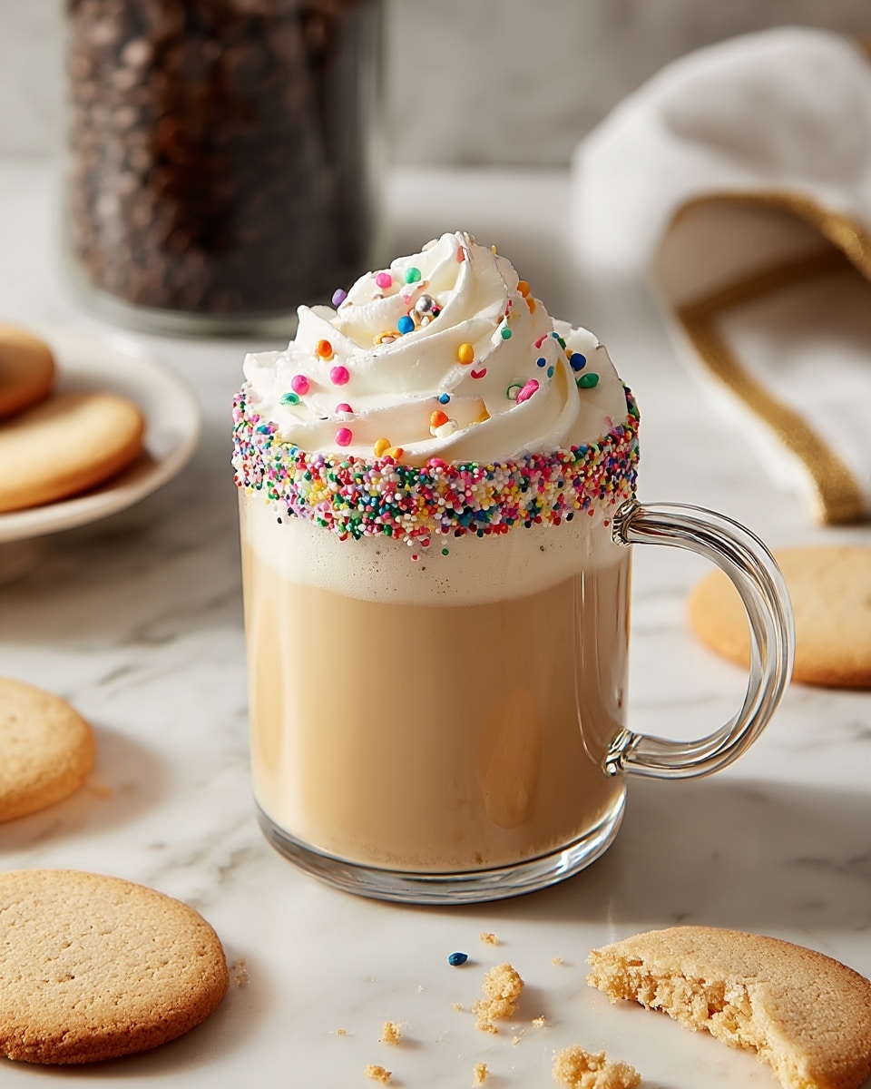 A clear glass mug filled with a light brown latte shows three distinct layers: a smooth bottom layer of coffee, a middle layer of creamy milk, and a top layer of white whipped cream adorned with colorful round sprinkles in pink, red, green, orange, blue, and yellow. The mug is placed on a white marbled surface surrounded by light beige cookies, some whole and some with crumbs scattered around. In the background, a glass jar filled with dark brown coffee grounds and a white napkin with gold trim are softly blurred. photo taken with an iphone --ar 4:5 --v 7