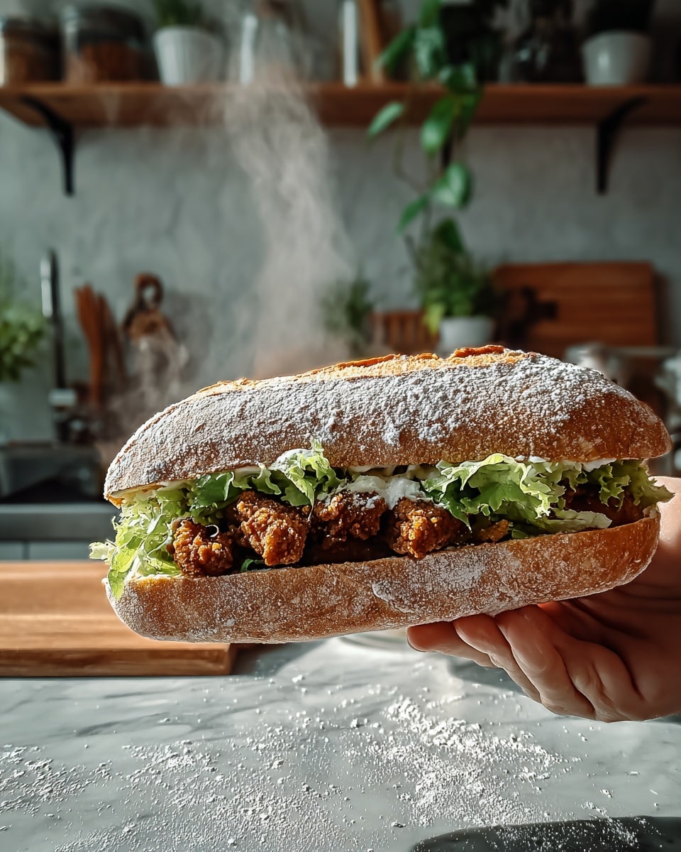 A large sandwich held by a woman's hand with a crusty, golden-brown bread dusted with white flour, split open to reveal a layer of green lettuce leaves and crispy, brown fried chicken pieces inside. The bread’s texture looks crunchy on the outside and soft inside. The background shows a kitchen scene with jars and plants blurred, and steam rising above the sandwich, giving a warm and fresh feeling. The surface beneath is a white marbled texture with some scattered flour. Photo taken with an iphone --ar 4:5 --v 7