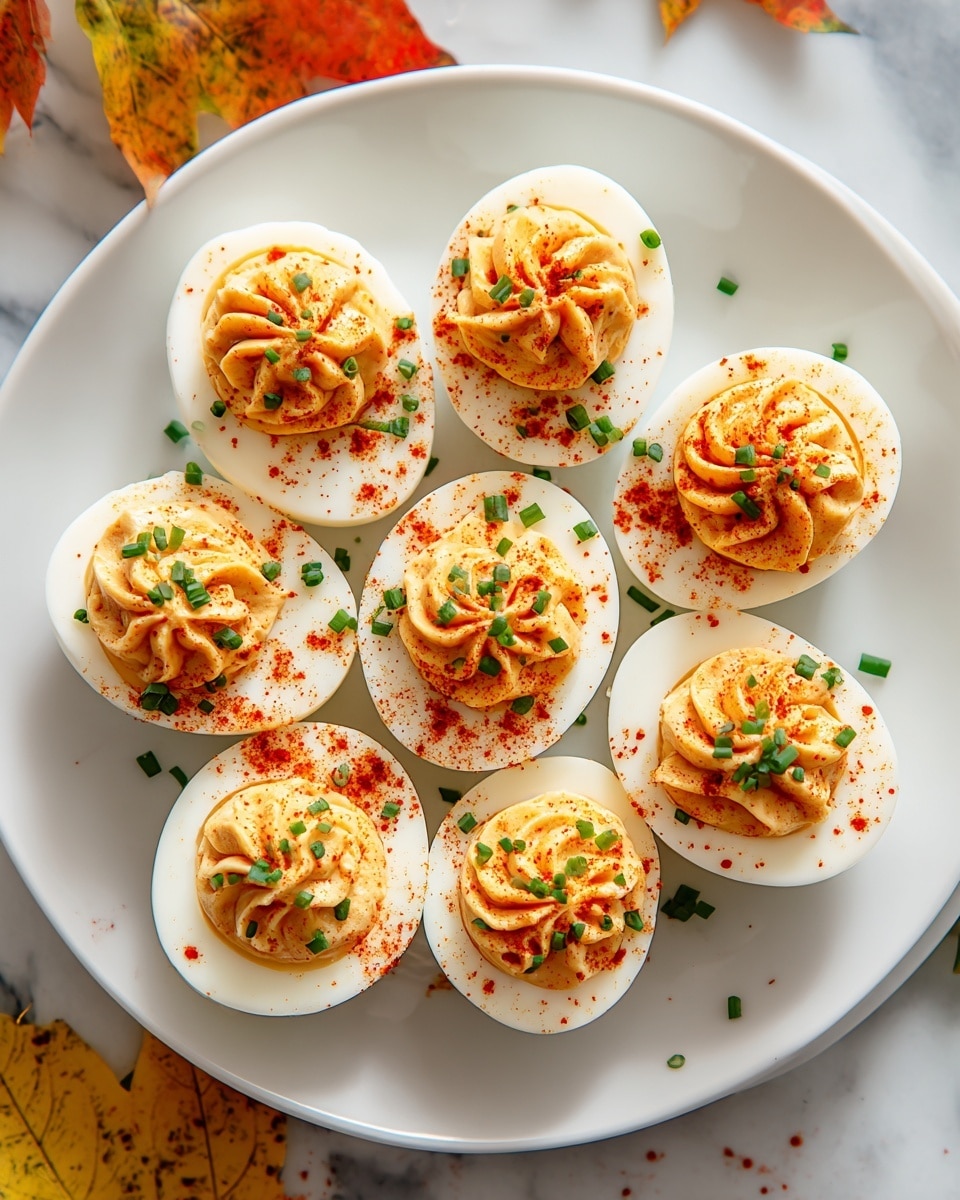 A white plate holds seven halved boiled eggs arranged in a circular pattern. Each egg has a smooth white outer layer of egg white, filled with a creamy, light orange yolk mixture that is piped in a decorative swirl on top. The yolk filling is sprinkled with bright red paprika powder for color and small, chopped green chives. Additional paprika and chives are scattered lightly over the white plate and the white marbled surface underneath. Autumn leaves in yellow and orange hues sit nearby, adding a seasonal touch. Photo taken with an iphone --ar 4:5 --v 7