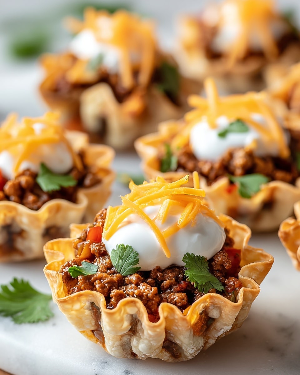 The image shows several small taco cups arranged on a white marbled surface. Each taco cup has four visible layers: a crispy, golden-brown shell as the base with wavy edges, a thick, textured layer of cooked ground beef mixed with small bits of vegetables, a dollop of smooth white sour cream on top, and thin strands of bright orange shredded cheddar cheese sprinkled over the sour cream. Small green cilantro leaves are scattered on the beef and cheese, adding fresh color. The cups are close together, filling the scene with a warm and appetizing look. Photo taken with an iphone --ar 4:5 --v 7