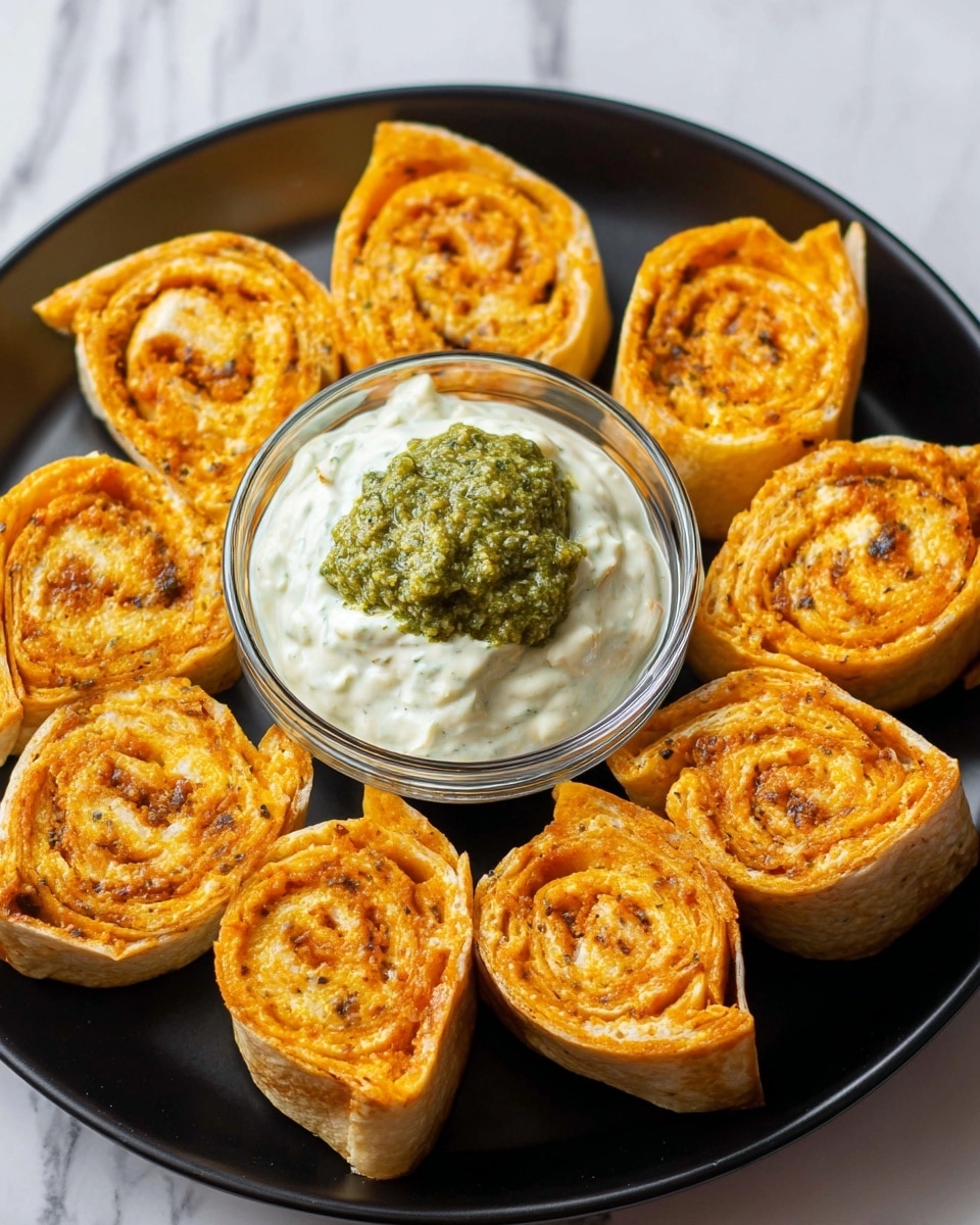 The image shows a round black plate set on a white marbled surface. On the plate, there are orange-colored rolled tortilla pinwheels arranged in a circular pattern around a small glass bowl in the center. The pinwheels have a textured and creamy filling visible in multiple swirled layers inside each roll. The bowl in the center holds two dips side by side: a smooth white dip and a chunky green dip resting partially on top of the white one. The pinwheels and dips create a vibrant contrast against the black plate and white marbled background. Photo taken with an iphone --ar 4:5 --v 7
