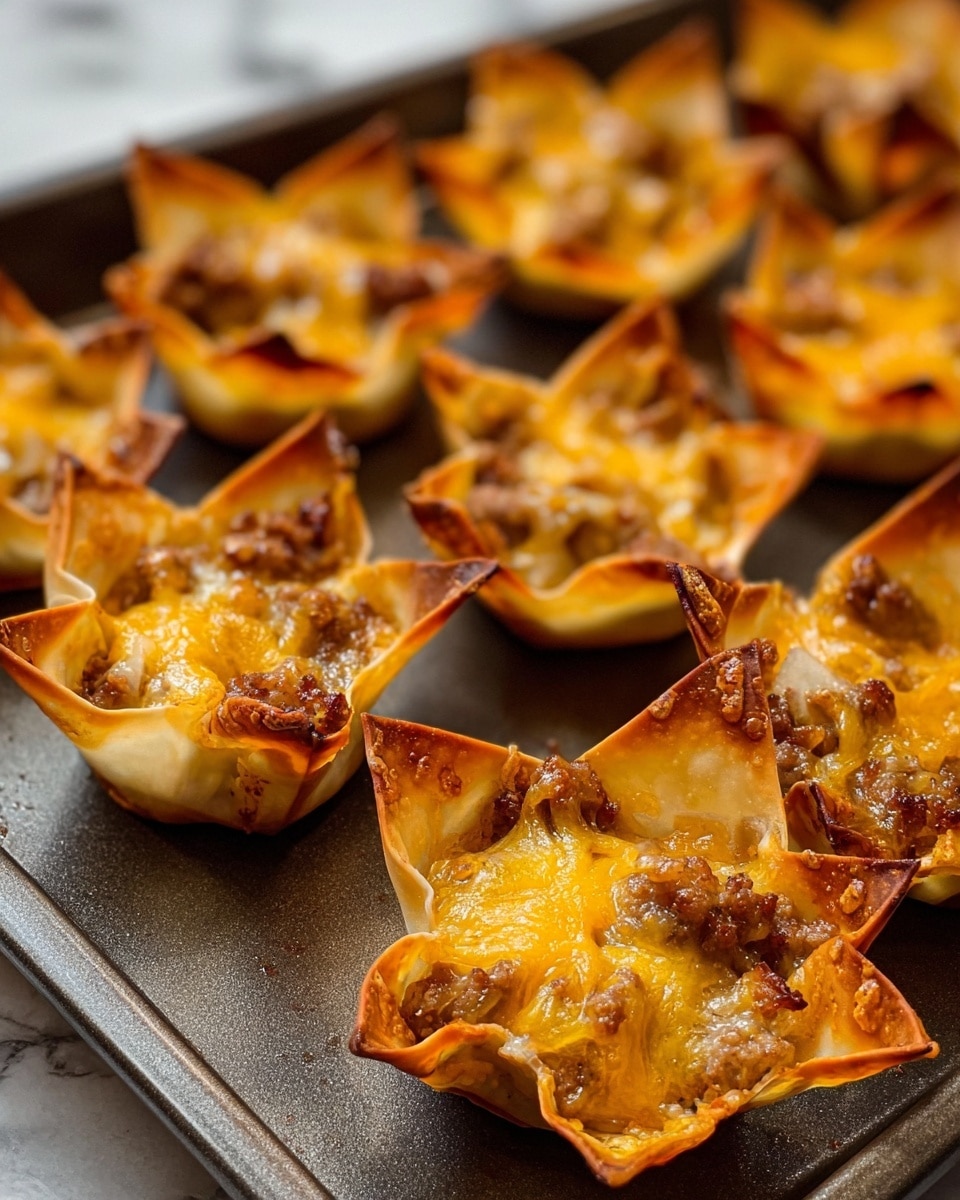 The image shows several small baked cups made from crispy golden-brown wonton wrappers, each shaped like a star with pointed edges. Inside each cup, layers of melted yellow-orange cheddar cheese cover crumbled pieces of browned sausage, with bits of white onion visible beneath the cheese. The texture of the wonton wrappers is crunchy and slightly blistered at the edges, while the filling looks gooey and savory. These cups are arranged close together on a dark baking tray, set on a white marbled surface. Photo taken with an iphone --ar 4:5 --v 7