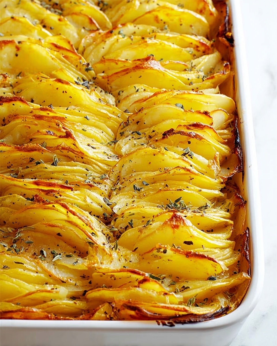 A white rectangular baking dish filled with thinly sliced, golden-yellow potatoes arranged in vertical rows across the dish. Each slice is slightly crisped and browned on the edges, creating a textured and layered look, with black pepper and green herb flakes sprinkled evenly on top. The layers create a wavy pattern, showing the thinness and softness of each potato slice, with some parts slightly lifted and browned more than others. The dish is placed on a white marbled surface. photo taken with an iphone --ar 4:5 --v 7