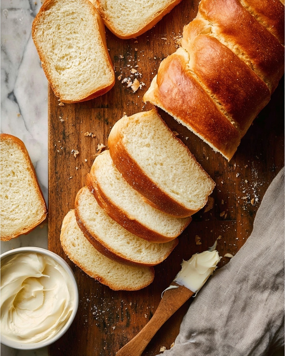 The image shows a sliced loaf of bread with a golden brown crust and soft, light beige inside, placed on a wooden board with visible crumbs around. There are multiple slices cut evenly from the loaf, showing smooth, fluffy texture inside. To the bottom right, there is a small white bowl filled with smooth, creamy butter and a wooden spreader resting on it. Some loose slices of bread appear on the left side of the image. The setting is on a white marbled surface with a light grey cloth partially visible on the right. photo taken with an iphone --ar 4:5 --v 7