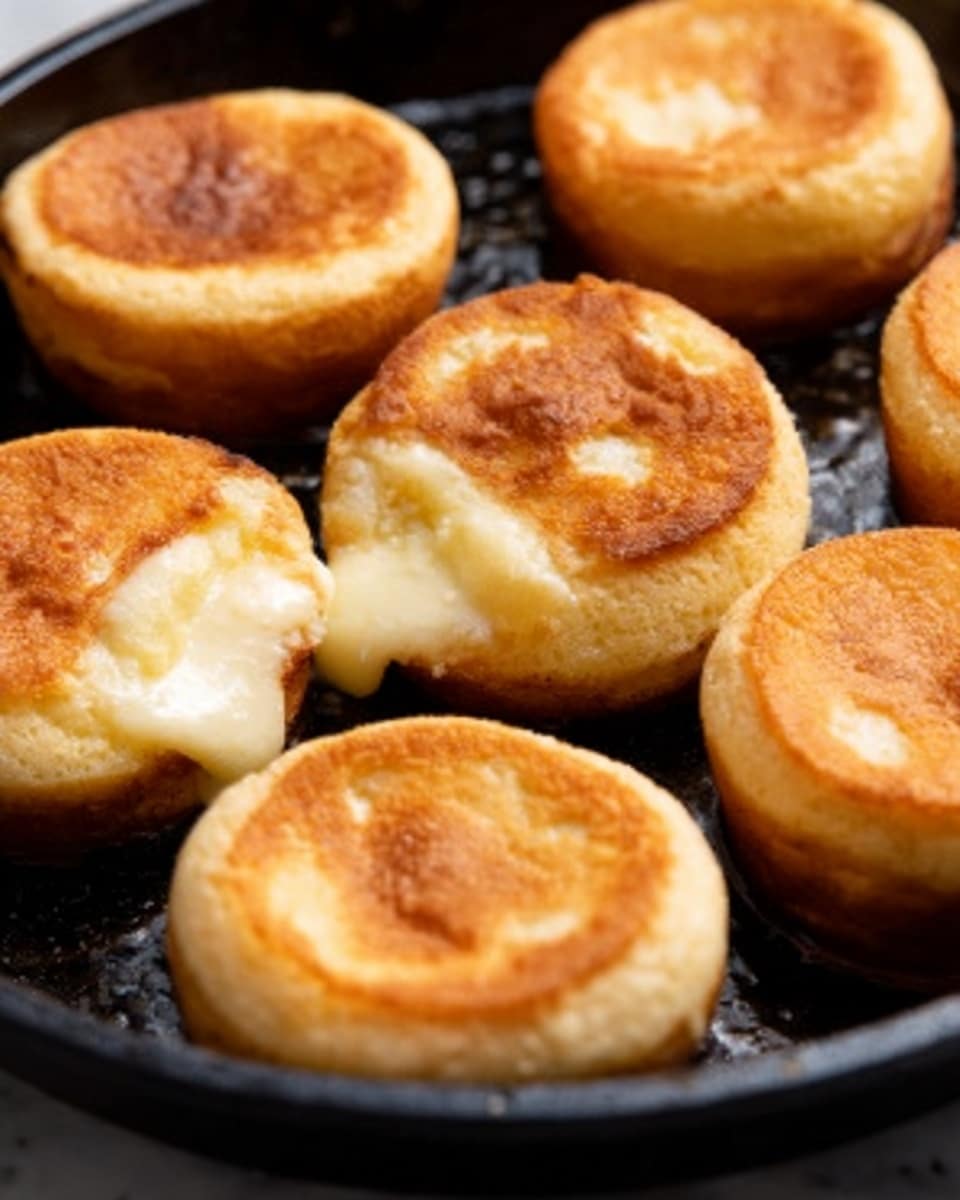 A golden brown, round fried patty is being pulled apart by two woman's hands, revealing a stretchy white melted cheese inside. The outside layer is crispy with a slightly rough texture, while the inside cheese layer is smooth and creamy. In the background, there is a white plate with similar patties stacked on top of a white marbled surface. photo taken with an iphone --ar 4:5 --v 7