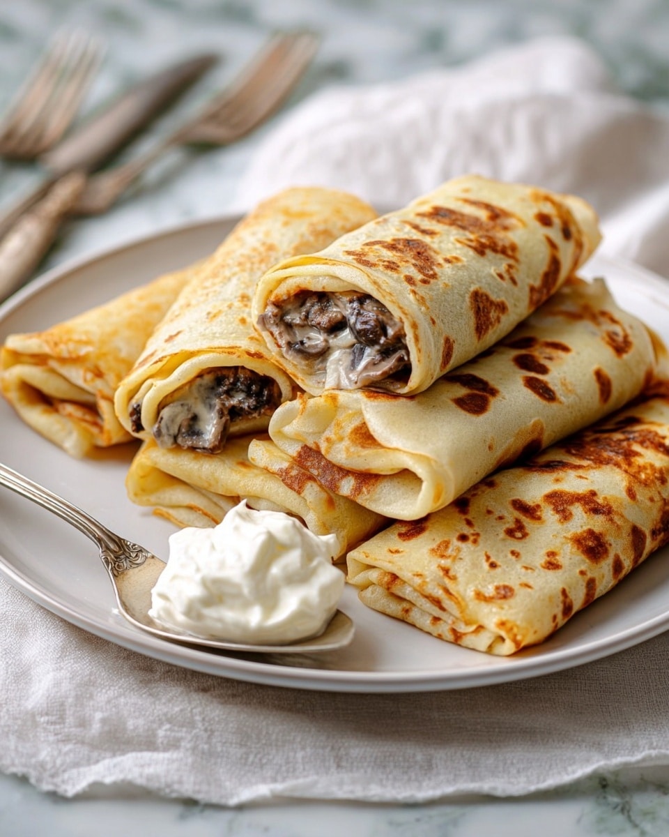 The image shows a pile of four golden-brown crepes stacked on a white plate with a shallow rim. The crepes have a soft, slightly spotted texture with patches of darker browning. Two crepes on top are folded with creamy mushroom filling visible inside, which is a mix of small, chopped mushrooms in a thick, light beige sauce. The filling has a soft and slightly chunky texture. On the side of the plate, there is a dollop of white creamy sauce, alongside a spoon placed partially in it. The background is a white marbled texture with some blurred green plant elements. photo taken with an iphone --ar 4:5 --v 7