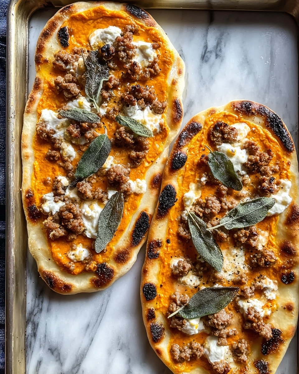 Two oval-shaped flatbreads with light golden edges and some charred spots rest on a baking tray with a white marbled texture beneath. Each flatbread has a smooth, thick orange sauce spread as the base layer. On top, there are small browned crumbles of sausage scattered evenly, along with dollops of white creamy cheese. Large green sage leaves are placed on the cheese and sausage, adding a touch of color contrast. The texture shows a mix of soft sauce, crumbly meat, and fresh leaves, creating a rustic and warm look. Photo taken with an iphone --ar 4:5 --v 7